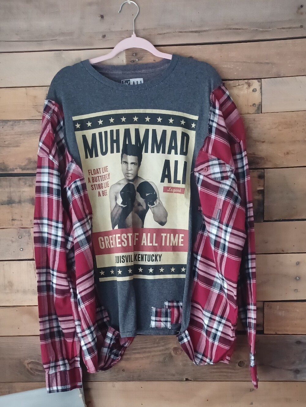 Upcycled Muhammad Ali Graphic Plaid Sleeve Men's Shirt - Red/Gray - Picture 3 of 9